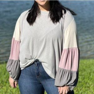 Women's Plus Size Crewneck Extreme Balloon Sleeve T Shirt Pink Grey Cream 1X Top